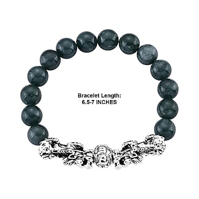 Natural Olmec Jadeite 180.00 ctw Beaded Stretch Bracelet with Pixiu in Silvertone (6.5-7In)