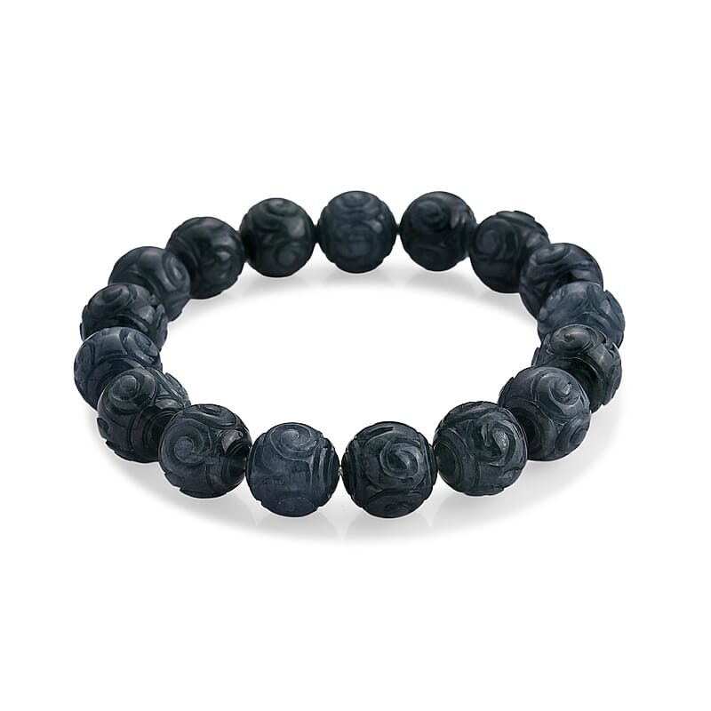Natural Olmec Jadeite 200.00 ctw Carved Beaded Stretch Bracelet