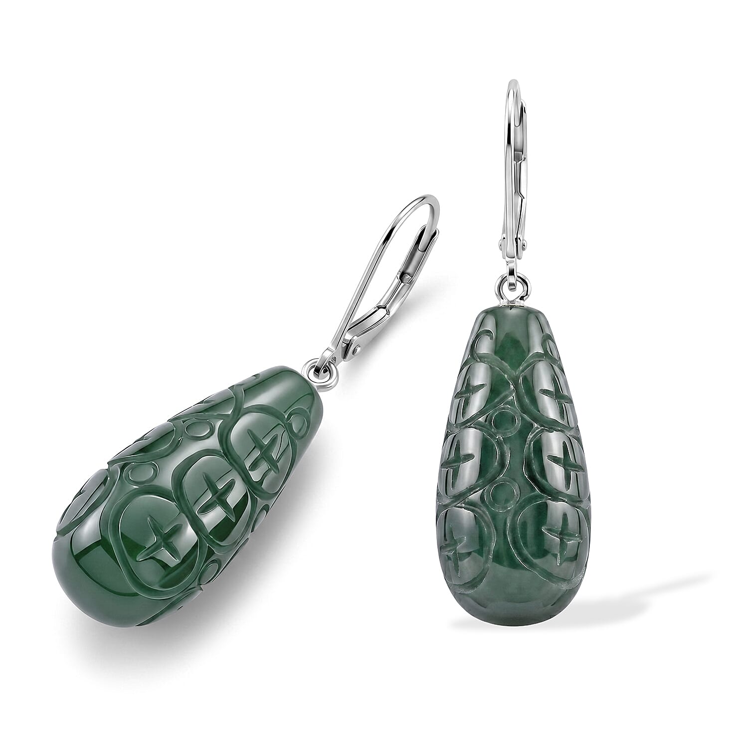 D'Joy Natural Olmec Jadeite 25.00 ctw Carved Drop Earrings in Rhodium Over Sterling Silver