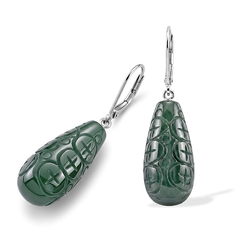 D'Joy Natural Olmec Jadeite 25.00 ctw Carved Drop Earrings in Rhodium Over Sterling Silver