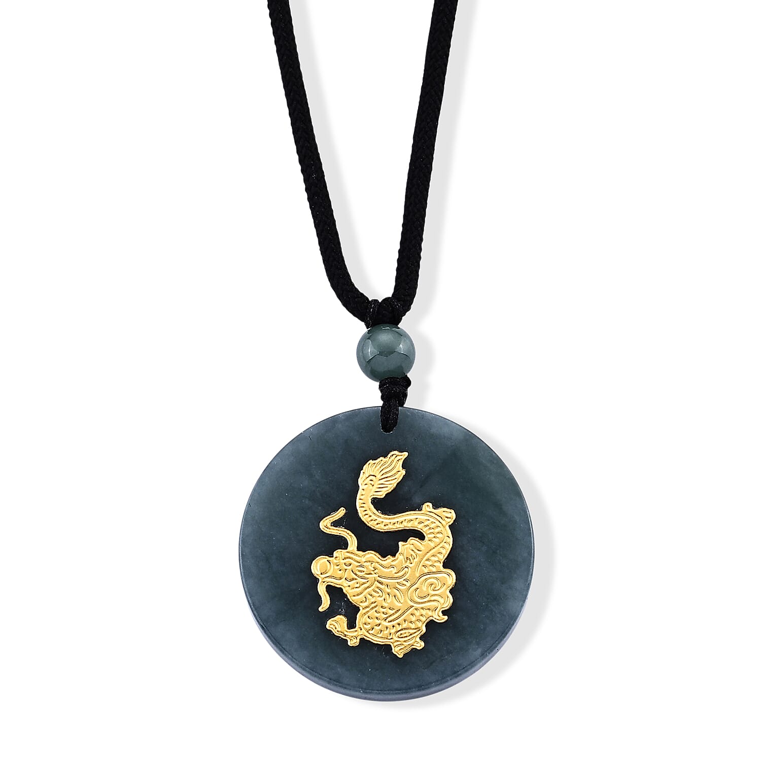 24K Yellow Gold Dragon Natural Olmec Jadeite 35.00 ctw Black Cord Necklace (28 Inches)