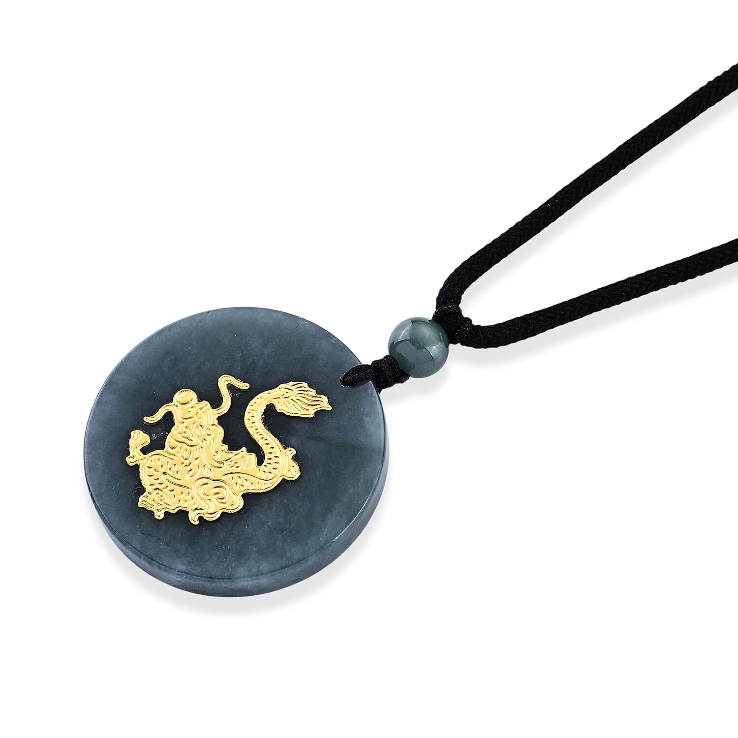 24K Yellow Gold Dragon Natural Olmec Jadeite 35.00 ctw Black Cord Necklace (28 Inches)