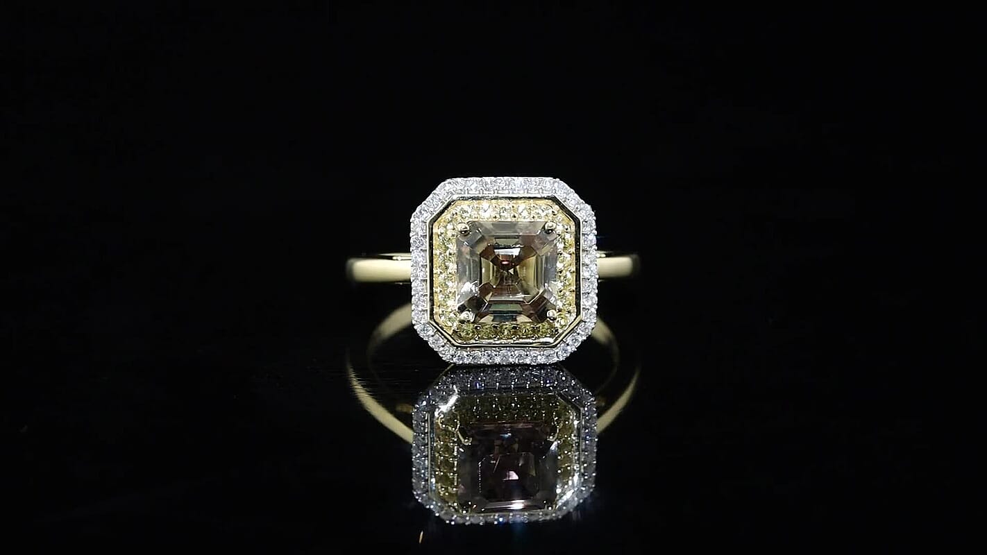 10K Yellow Gold Asscher Cut AAA Turkizite, Yellow Sapphire and Luxuriant Lab Grown Diamond (E-F, VS) (0.24 cts) Golden Glow Ring (Size 6.0) 3.00 ctw