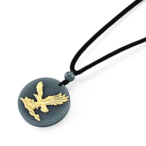 24K Yellow Gold Eagle Natural Olmec Jadeite 35.00 ctw Black Cord Necklace (28 Inches)