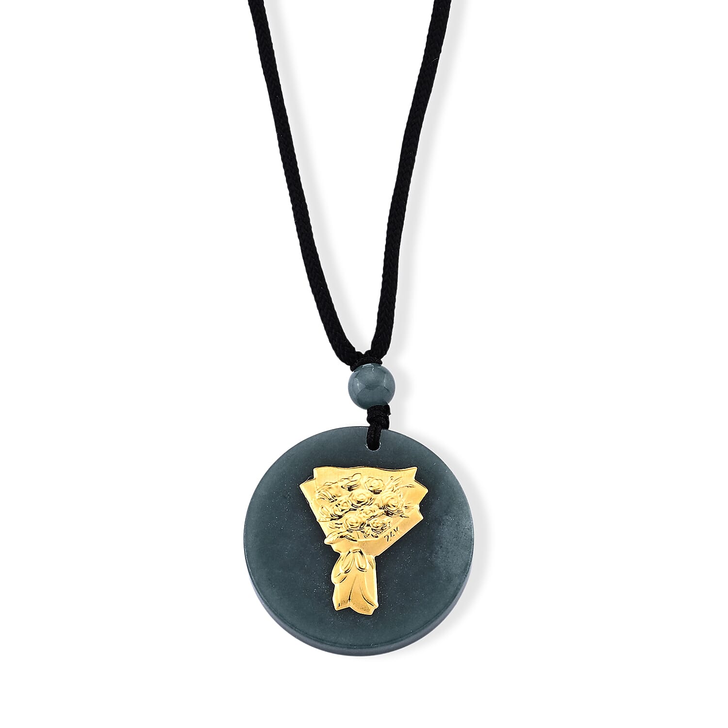 24K Yellow Gold Rose Bouquet Natural Olmec Jadeite 35.00 ctw Black Cord Necklace (28 Inches)