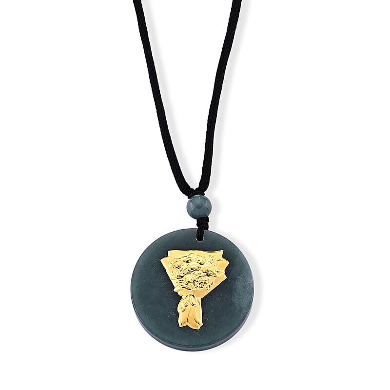 24K Yellow Gold Rose Bouquet Natural Olmec Jadeite 35.00 ctw Black Cord Necklace (28 Inches)