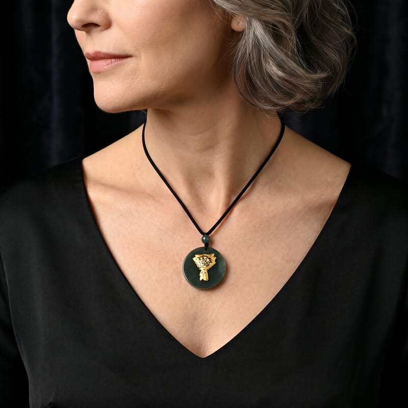 24K Yellow Gold Rose Bouquet Natural Olmec Jadeite 35.00 ctw Black Cord Necklace (28 Inches)