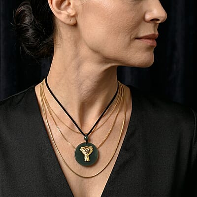 24K Yellow Gold Rose Bouquet Natural Olmec Jadeite 35.00 ctw Black Cord Necklace (28 Inches)