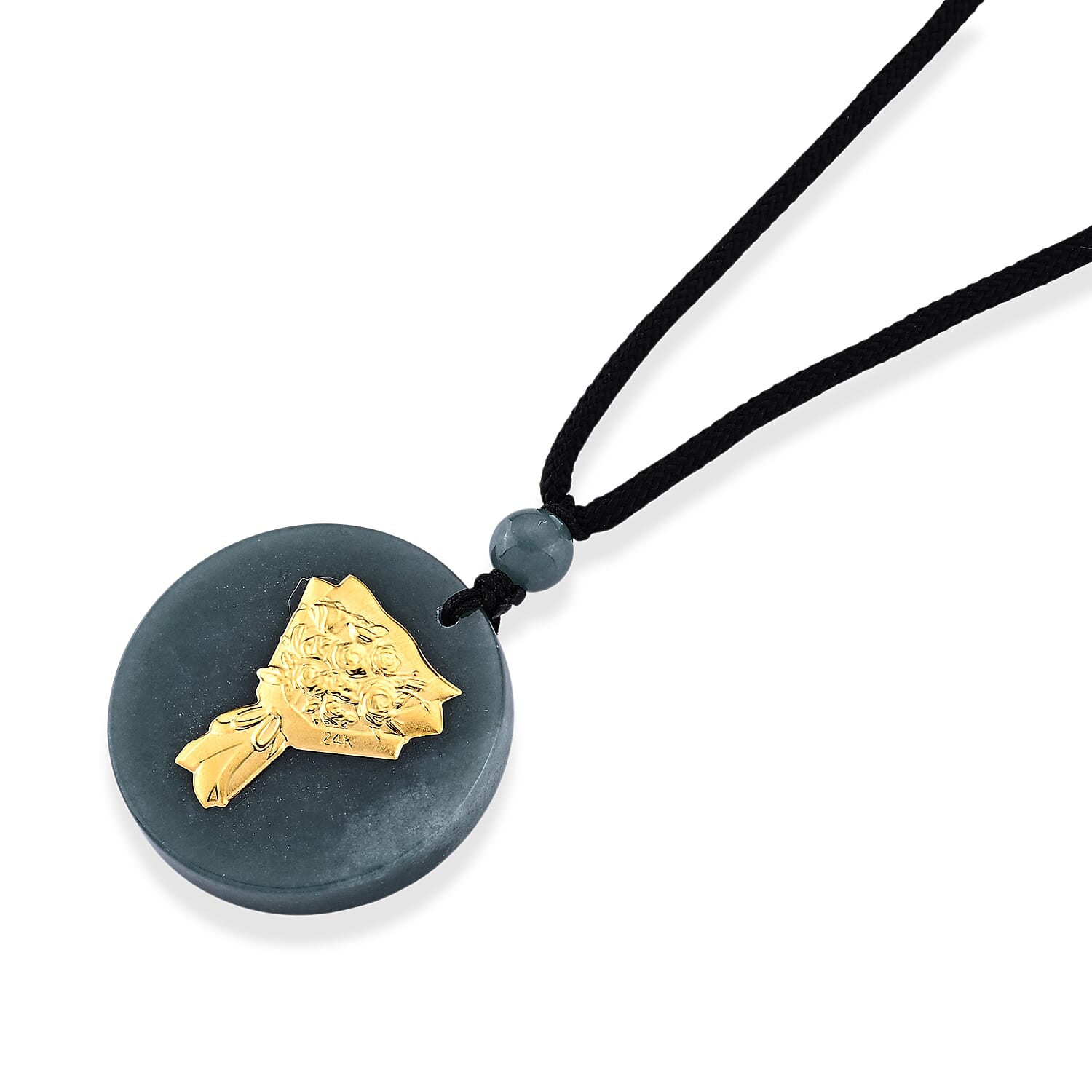 24K Yellow Gold Rose Bouquet Natural Olmec Jadeite 35.00 ctw Black Cord Necklace (28 Inches)