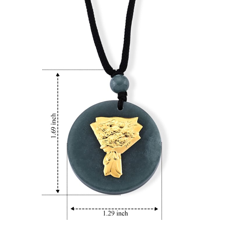 24K Yellow Gold Rose Bouquet Natural Olmec Jadeite 35.00 ctw Black Cord Necklace (28 Inches)