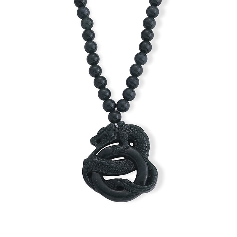 D'Joy Natural Olmec Jadeite 430.00 ctw Carved Dragon Pendant with Beaded Necklace (18-20 Inches) in Rhodium Over Sterling Silver