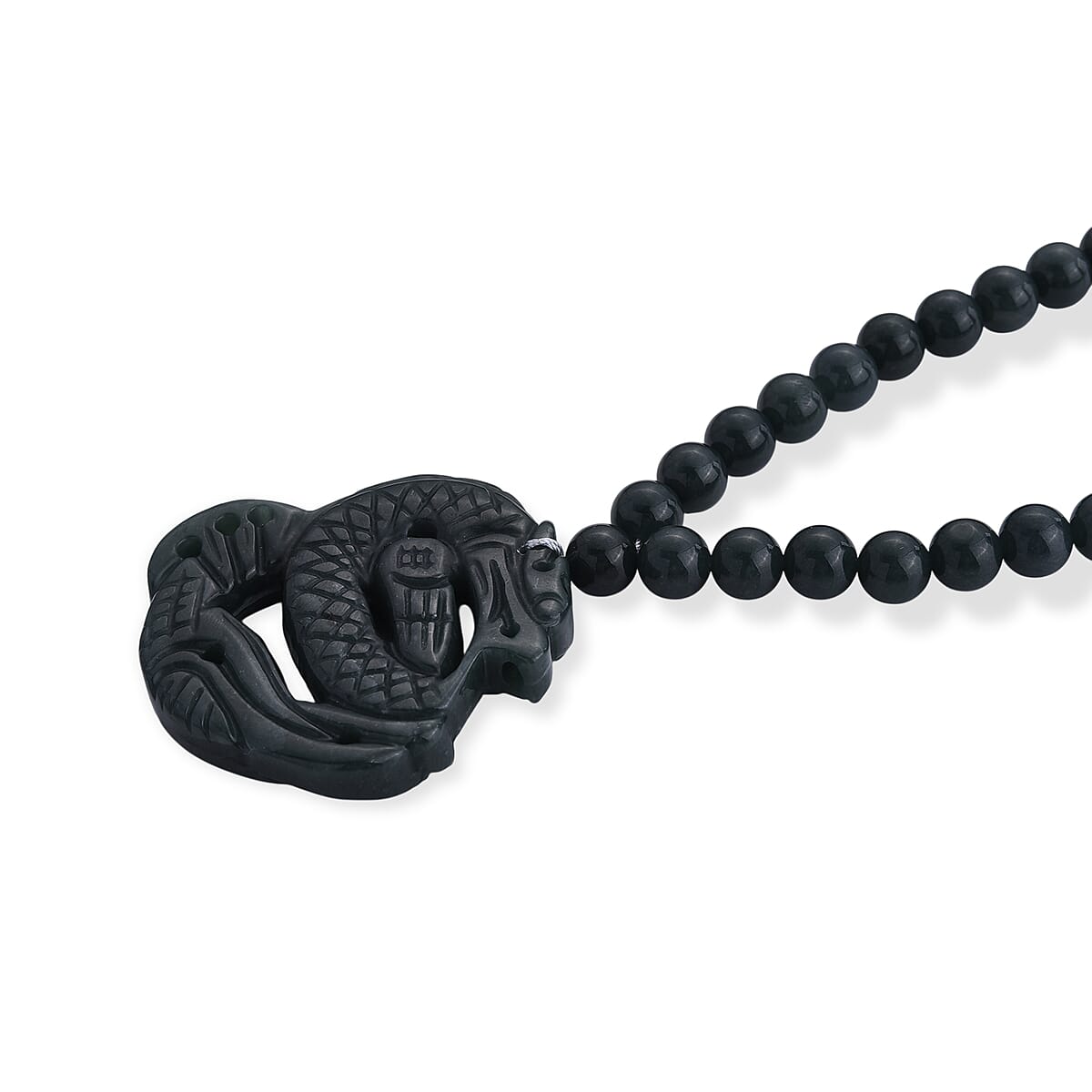 D'Joy Natural Olmec Jadeite 430.00 ctw Carved Dragon Pendant with Beaded Necklace (18-20 Inches) in Rhodium Over Sterling Silver image number 3