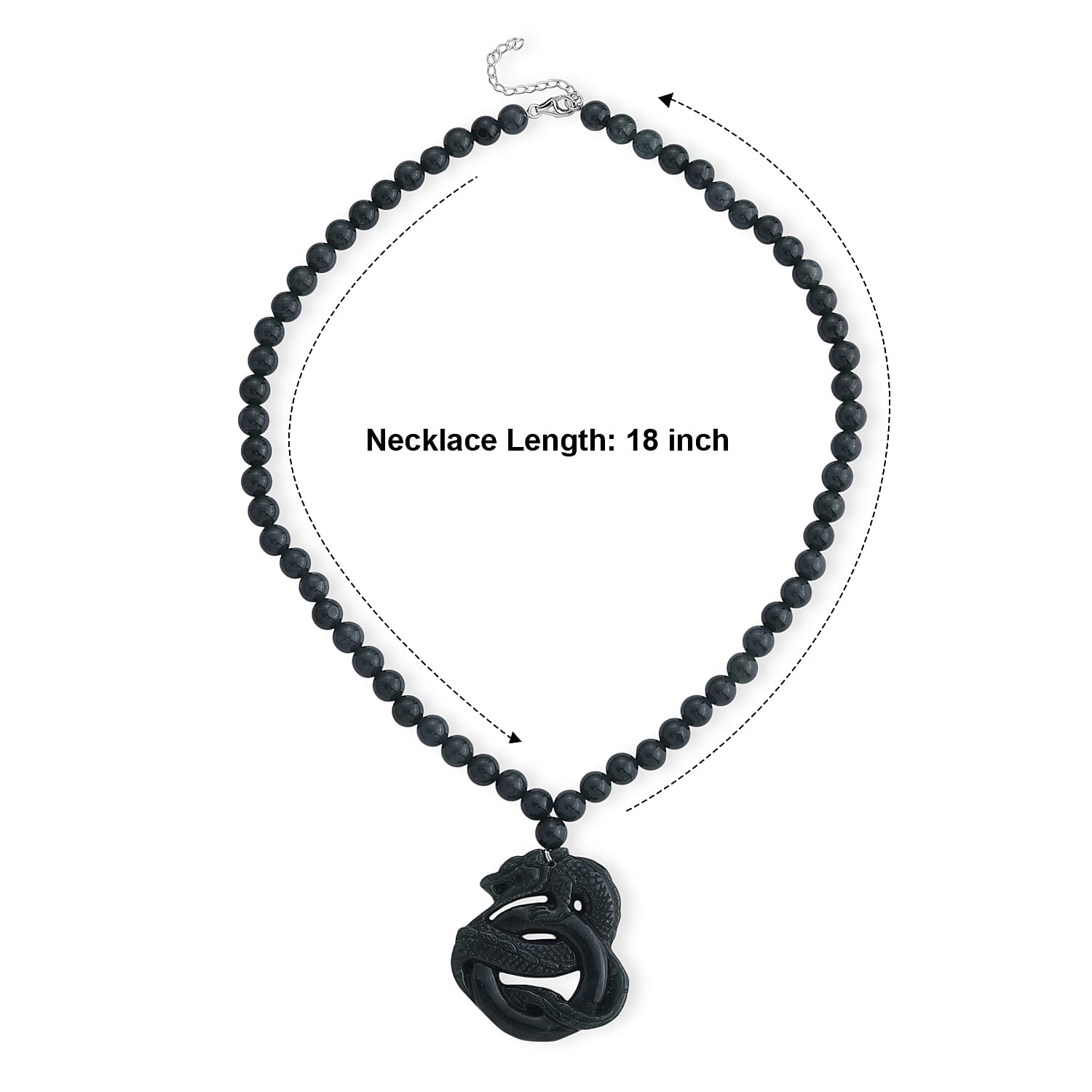 D'Joy Natural Olmec Jadeite 430.00 ctw Carved Dragon Pendant with Beaded Necklace (18-20 Inches) in Rhodium Over Sterling Silver