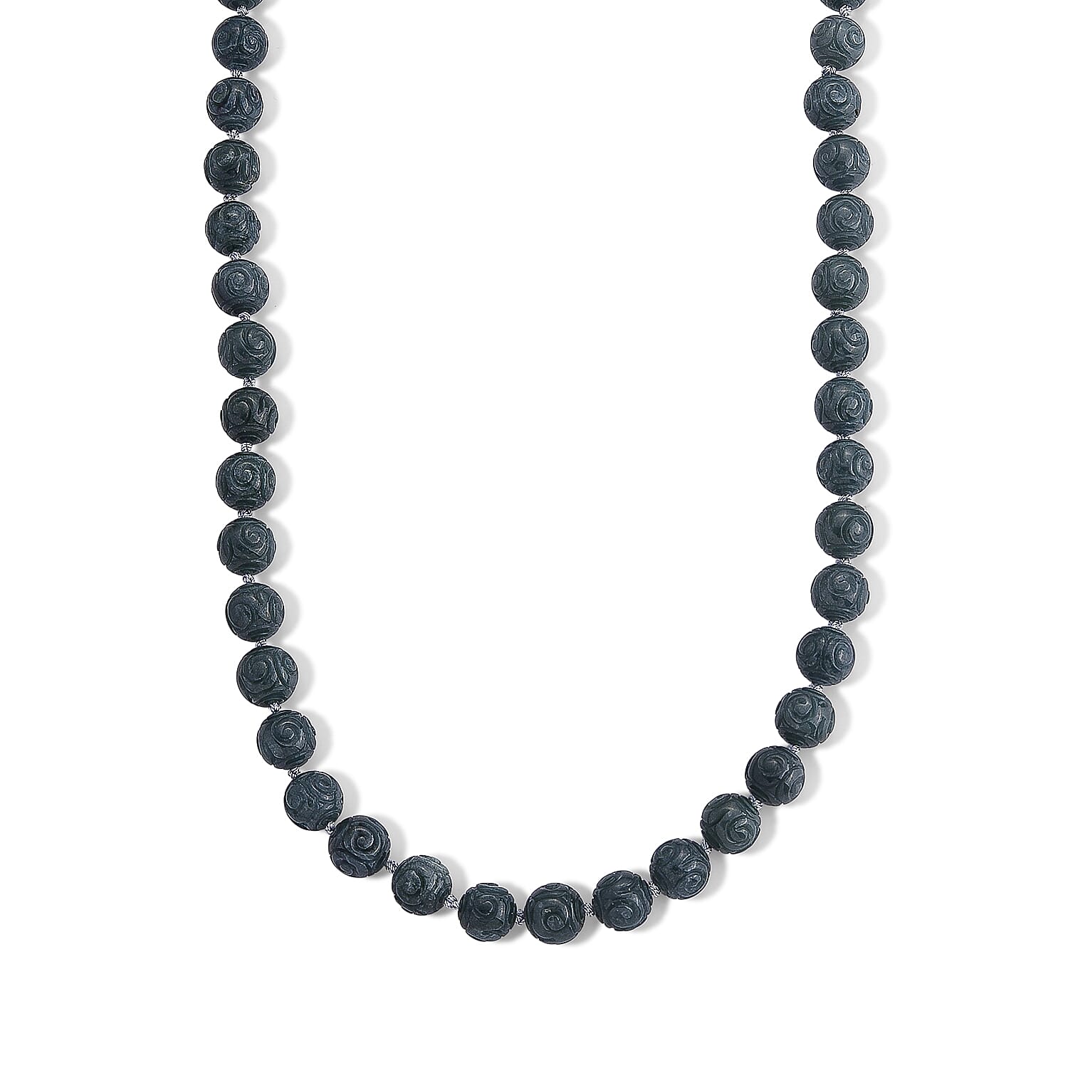 D'Joy Natural Olmec Jadeite 480.00 ctw Carved Beaded Necklace (20 Inches) in Rhodium Over Sterling Silver