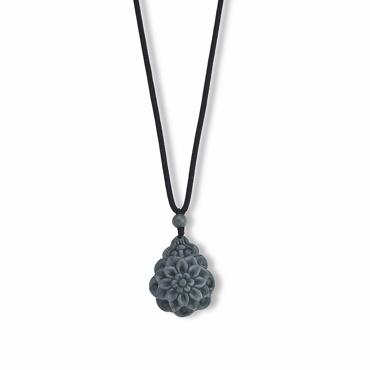 Natural Olmec Jadeite 75.00 ctw Carved Rose Flower Pendant with Black Cord Necklace (26-28 Inches)