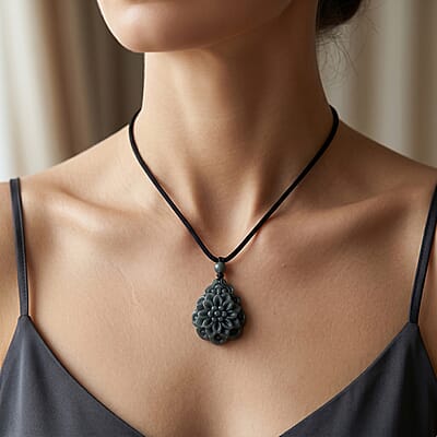 Natural Olmec Jadeite 75.00 ctw Carved Rose Flower Pendant with Black Cord Necklace (26-28 Inches)