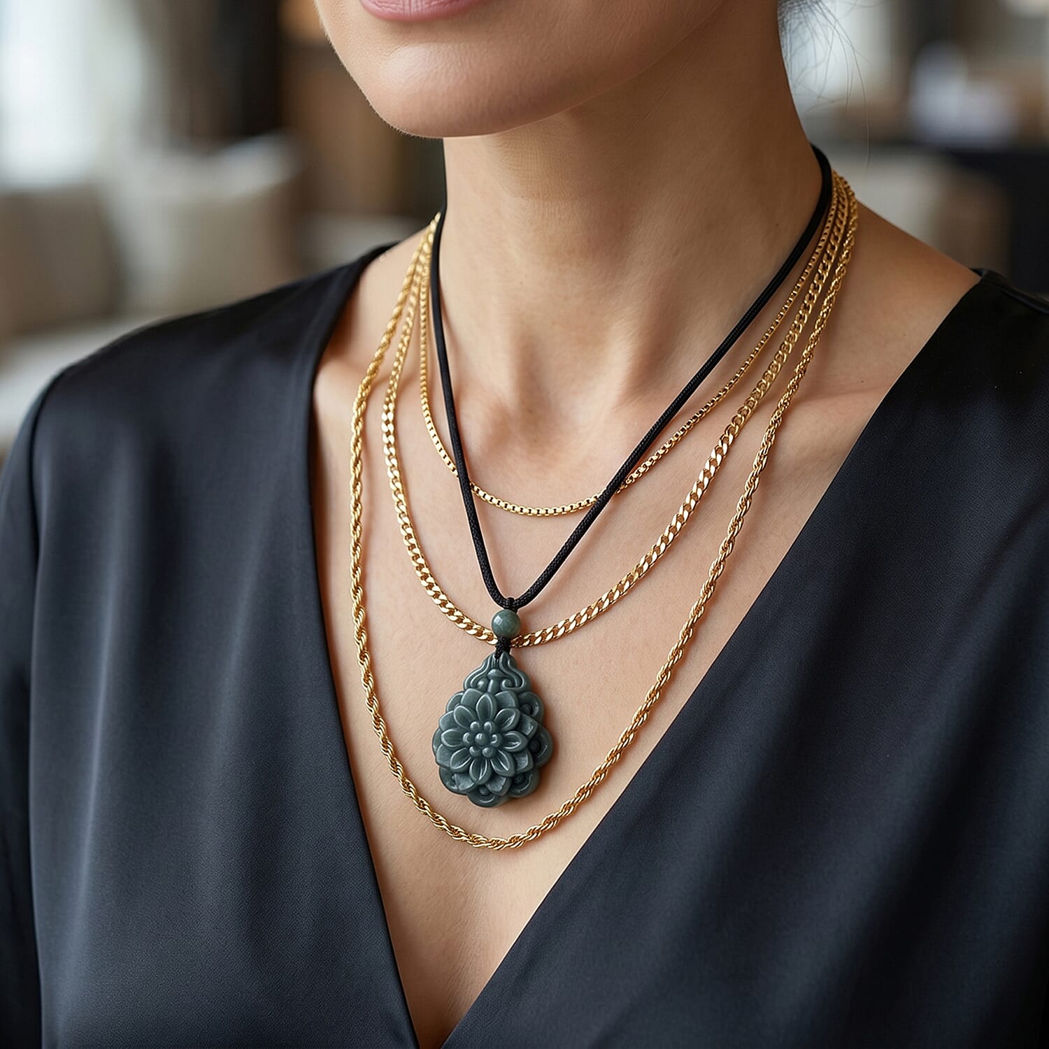 Natural Olmec Jadeite 75.00 ctw Carved Rose Flower Pendant with Black Cord Necklace (26-28 Inches)