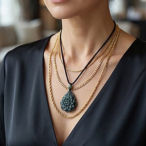 Natural Olmec Jadeite 75.00 ctw Carved Rose Flower Pendant with Black Cord Necklace (26-28 Inches)