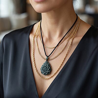 Natural Olmec Jadeite 75.00 ctw Carved Rose Flower Pendant with Black Cord Necklace (26-28 Inches)