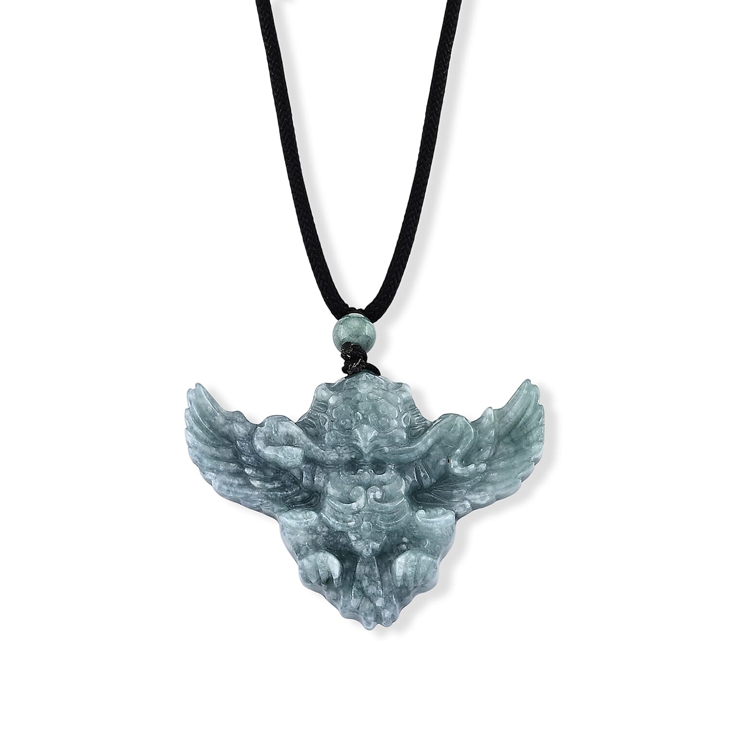 Natural Olmec Jadeite 65.00 ctw Carved Lucky Bat Pendant with Black Cord Necklace (26-28 Inches)