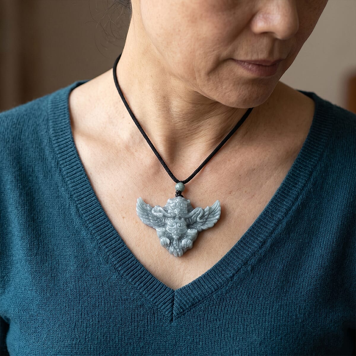 Natural Olmec Jadeite 65.00 ctw Carved Lucky Bat Pendant with Black Cord Necklace (26-28 Inches) image number 1