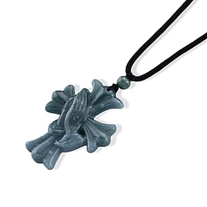 Natural Olmec Jadeite 65.00 ctw Carved Faith Line Cross Pendant with Black Cord Necklace (26-28 Inches)