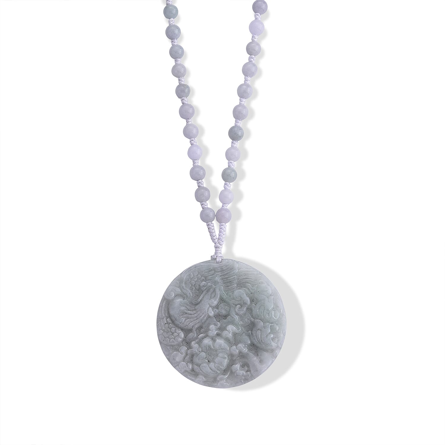 Natural Jade 230.00 ctw Carved Phoenix Rebirth Pendant with Beaded Necklace (26 Inches) in Sterling Silver