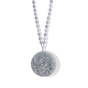 Natural Jade 230.00 ctw Carved Phoenix Rebirth Pendant with Beaded Necklace (26 Inches) in Sterling Silver