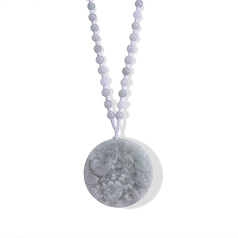 Natural Jade 230.00 ctw Carved Phoenix Rebirth Pendant with Beaded Necklace (26 Inches) in Sterling Silver