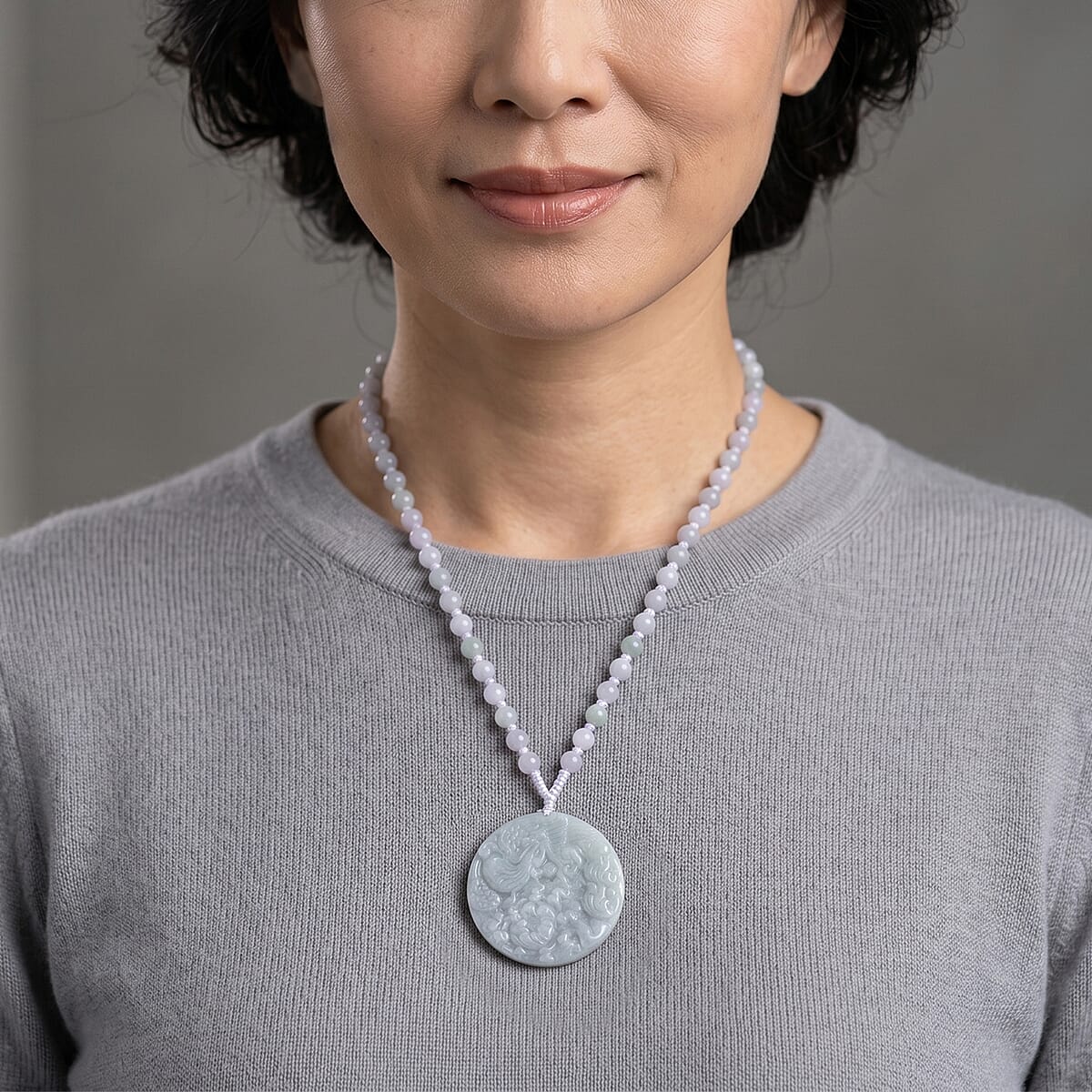 Natural Jade 230.00 ctw Carved Phoenix Rebirth Pendant with Beaded Necklace (26 Inches) in Sterling Silver image number 1