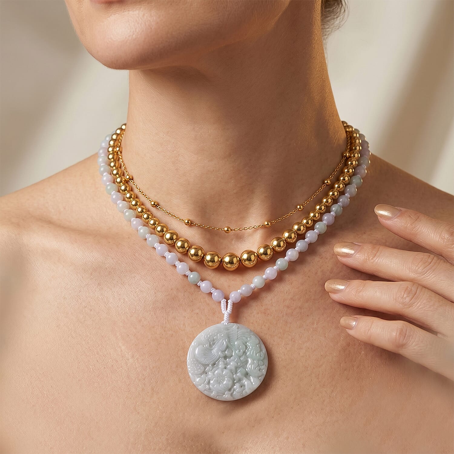 Natural Jade 230.00 ctw Carved Phoenix Rebirth Pendant with Beaded Necklace (26 Inches) in Sterling Silver