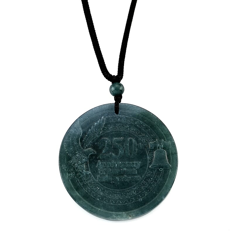 Natural Olmec Jadeite 55.00 ctw Carved Eagle and Liberty Bell Cotton Cord Necklace (28 Inches)