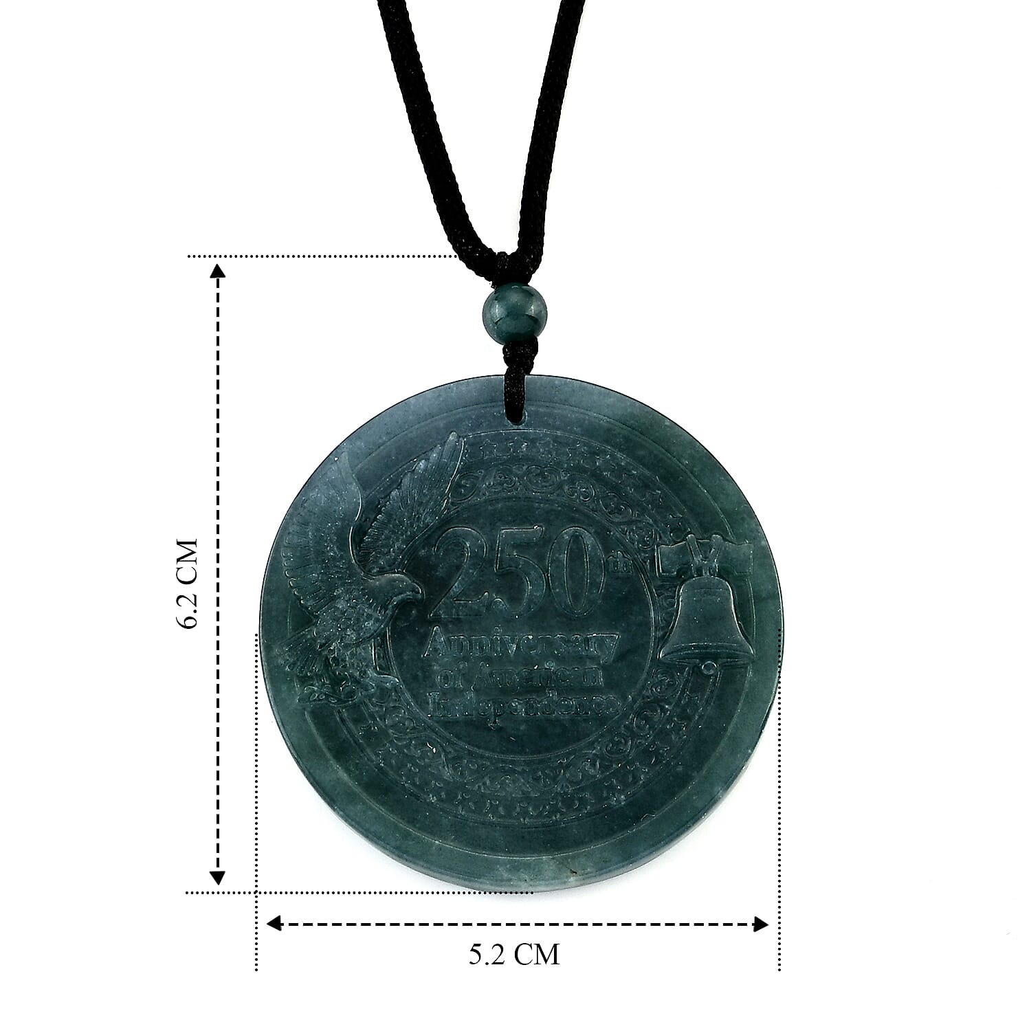250th Anniversary of American Freedom Natural Olmec Jadeite 55.00 ctw Carved Eagle and Liberty Bell Cotton Cord Necklace (28 Inches)