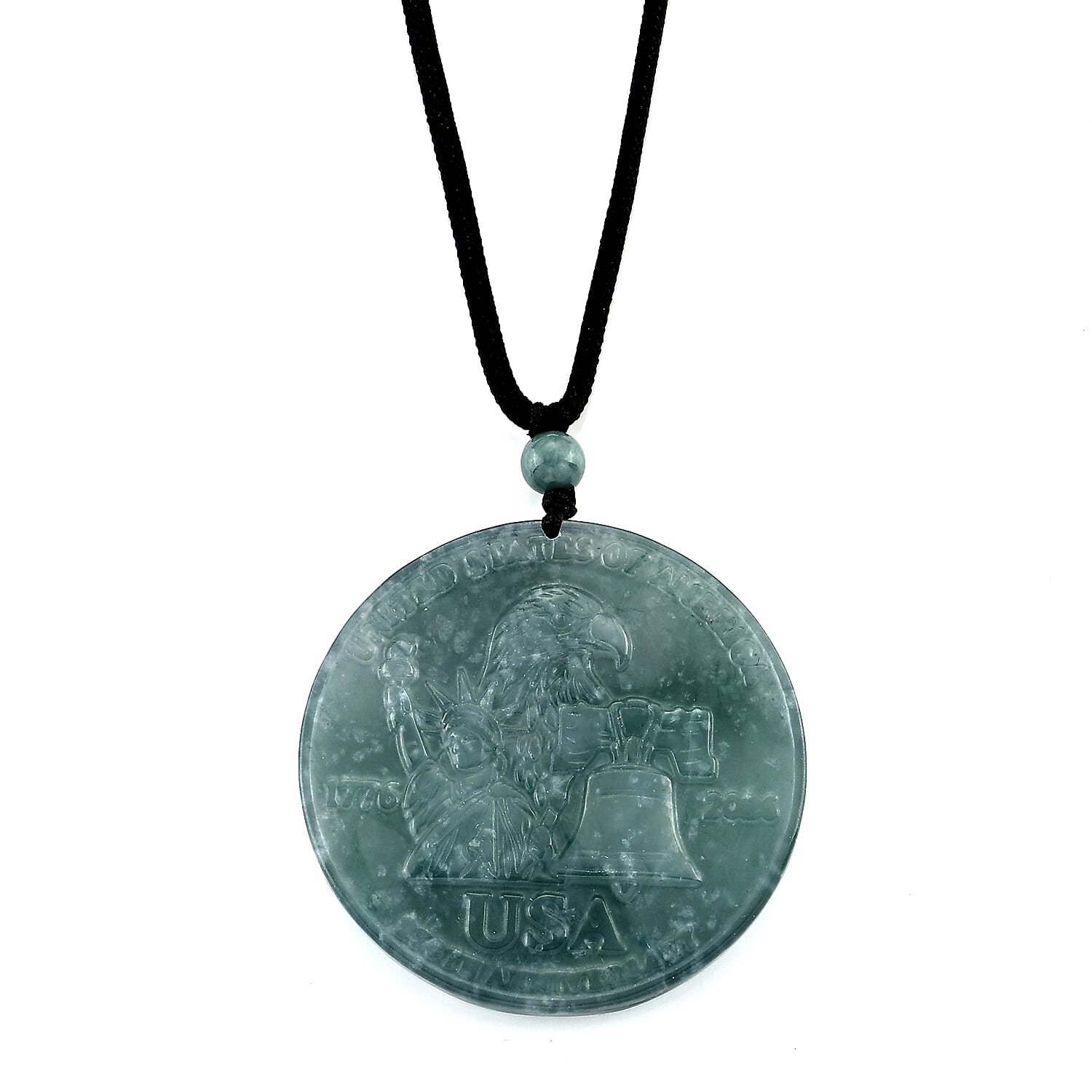 250th Anniversary of American Freedom Natural Olmec Jadeite 55.00 ctw Carved Statue of Liberty Cotton Cord Necklace (28 Inches)