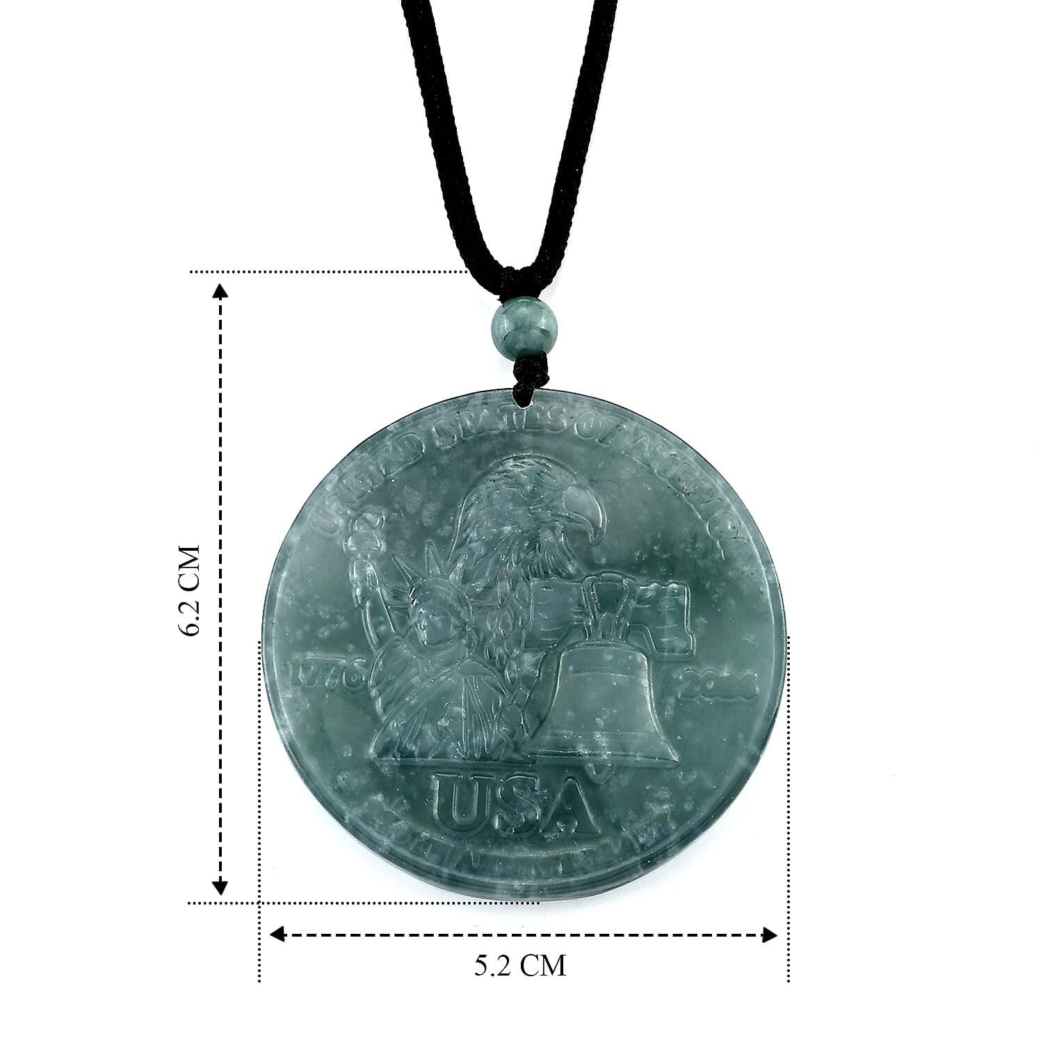 250th Anniversary of American Freedom Natural Olmec Jadeite 55.00 ctw Carved Statue of Liberty Cotton Cord Necklace (28 Inches)