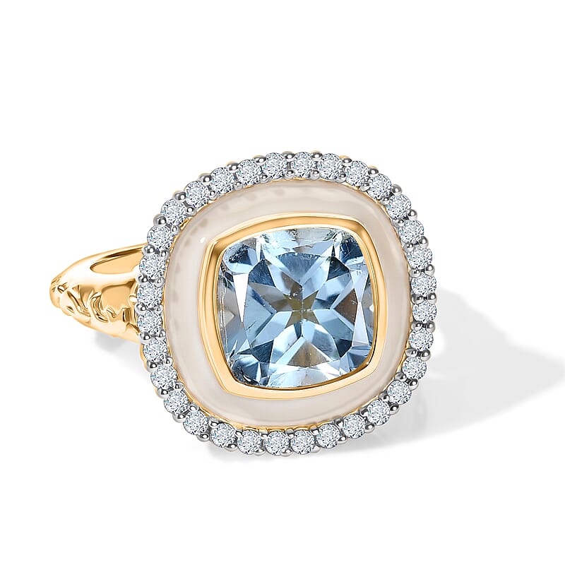 GP Trionfo Collection Sky Blue Topaz and White Zircon 6.10 ctw Ring in 18K Vermeil Yellow Gold Over Sterling Silver (Size 6.0)