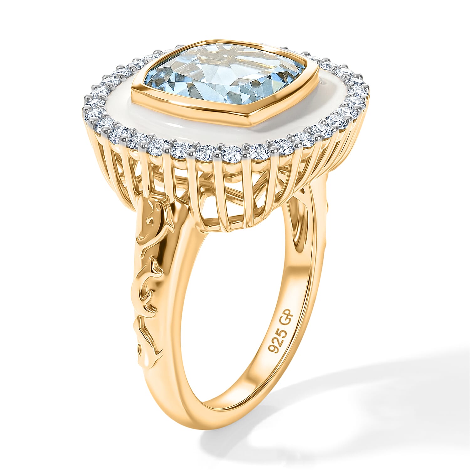 GP Trionfo Collection Sky Blue Topaz and White Zircon 6.10 ctw Ring in 18K Vermeil Yellow Gold Over Sterling Silver (Size 6.0)