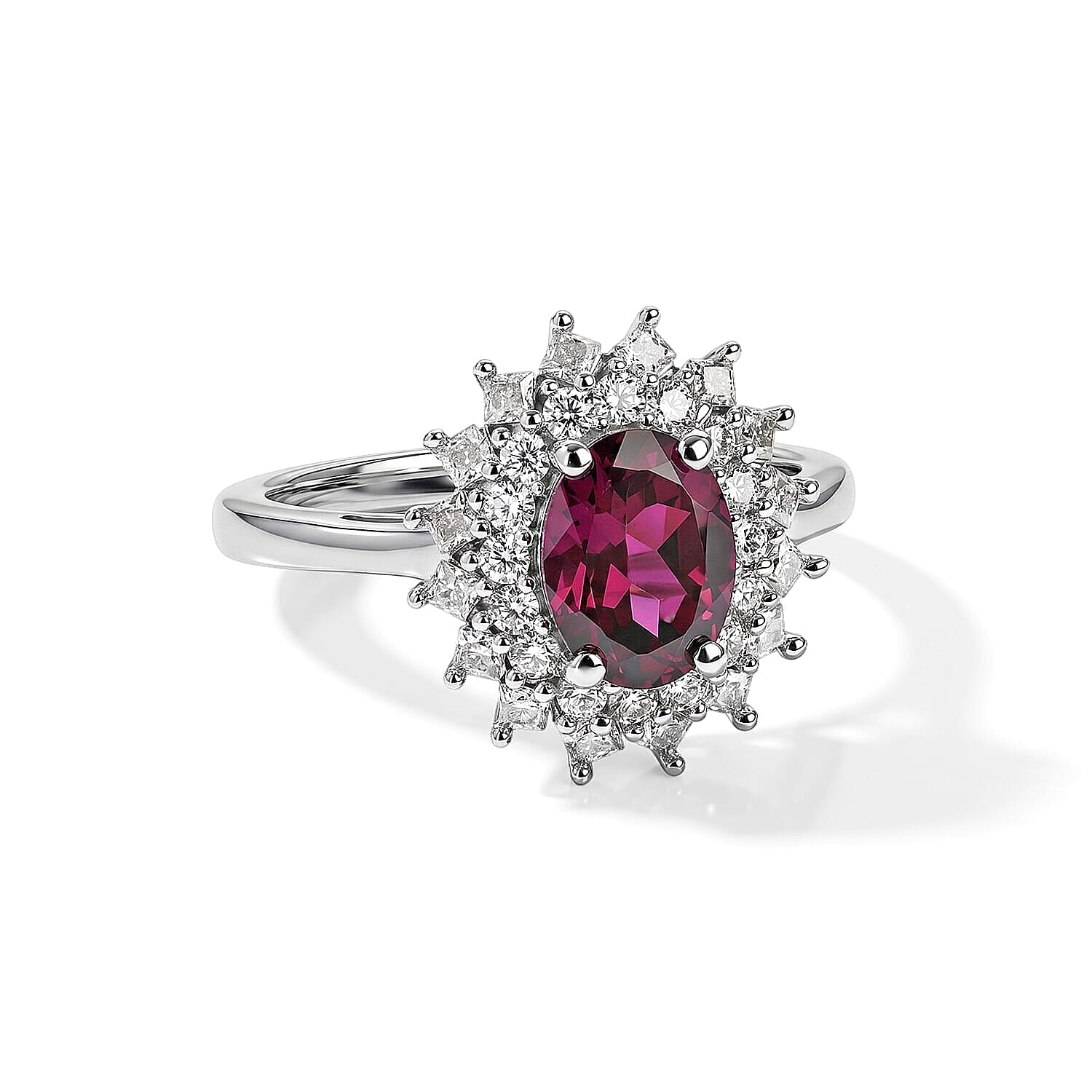 D'Joy AAA Radiant Ember Garnet and Moissanite 2.15 ctw Royal Starburst Ring in Rhodium Over Sterling Silver (Size 5.0)