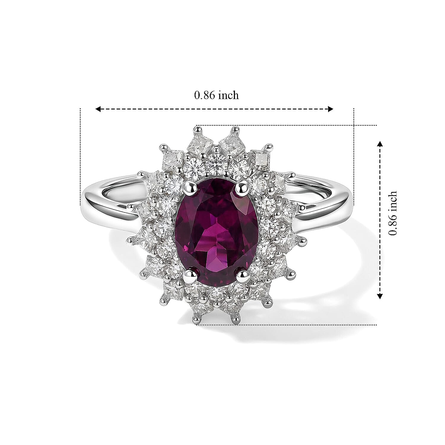 D'Joy AAA Radiant Ember Garnet and Moissanite 2.15 ctw Royal Starburst Ring in Rhodium Over Sterling Silver (Size 5.0)