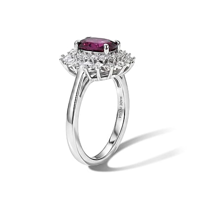 D'Joy AAA Radiant Ember Garnet and Moissanite 2.15 ctw Royal Starburst Ring in Rhodium Over Sterling Silver (Size 6.0)