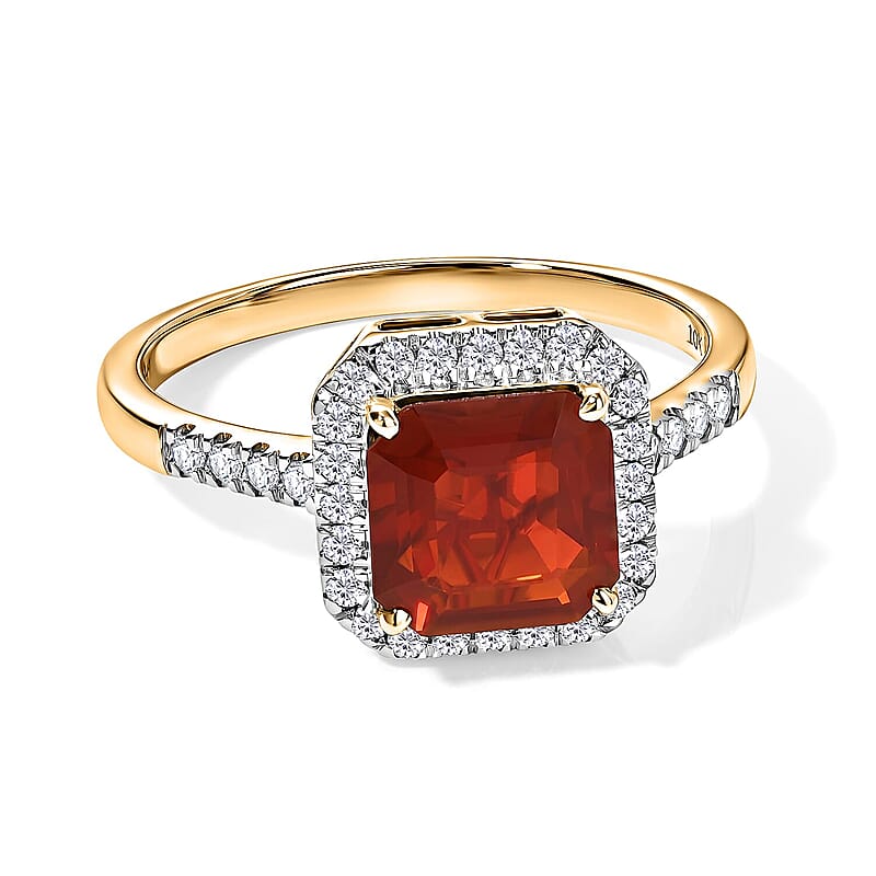 SGL Certified Asscher Cut AAA Crimson Fire Opal and Luxuriant Lab Grown Diamond E-F VS 1.80 ctw Inferno Halo Ring in 10K Yellow Gold (Size  10.0)