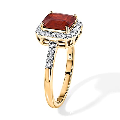 SGL Certified Asscher Cut AAA Crimson Fire Opal and Luxuriant Lab Grown Diamond E-F VS 1.80 ctw Inferno Halo Ring in 10K Yellow Gold (Size  5.0)