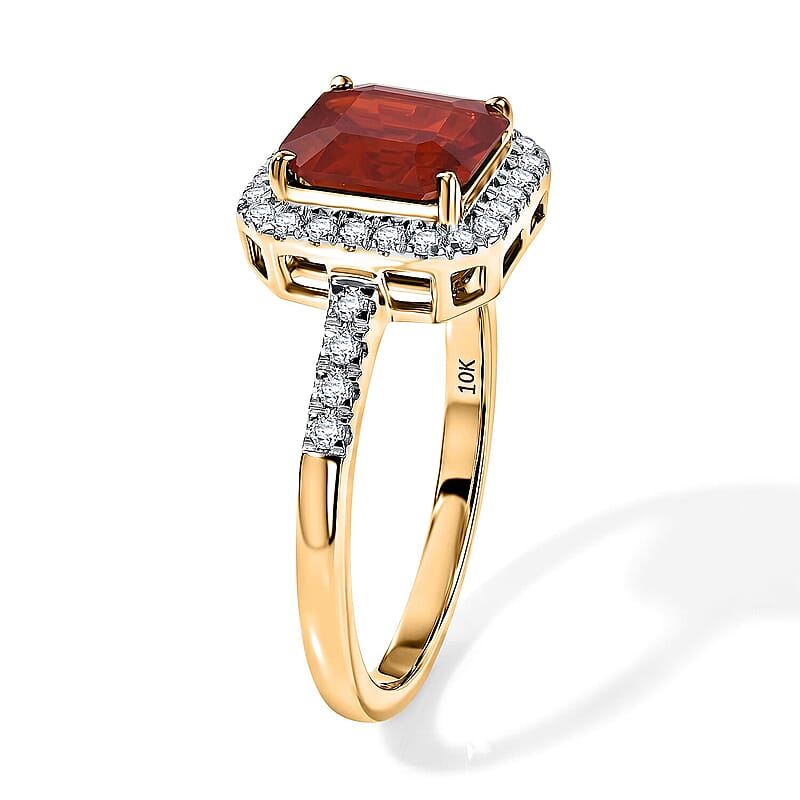 SGL Certified Asscher Cut AAA Crimson Fire Opal and Luxuriant Lab Grown Diamond E-F VS 1.80 ctw Inferno Halo Ring in 10K Yellow Gold (Size  5.0)