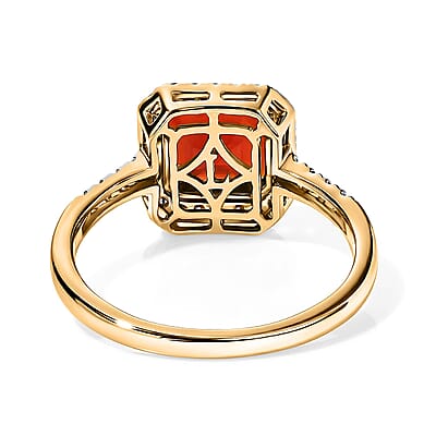 SGL Certified Asscher Cut AAA Crimson Fire Opal and Luxuriant Lab Grown Diamond E-F VS 1.80 ctw Inferno Halo Ring in 10K Yellow Gold (Size  5.0)