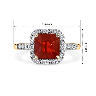SGL Certified Asscher Cut AAA Crimson Fire Opal and Luxuriant Lab Grown Diamond E-F VS 1.80 ctw Inferno Halo Ring in 10K Yellow Gold (Size  5.0)