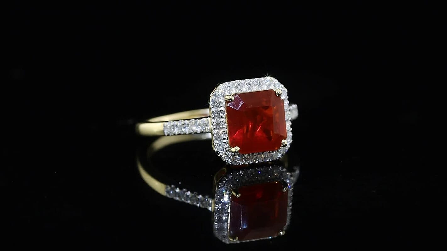 Epic Deal SGL Certified 10K Yellow Gold Asscher Cut AAA Crimson Fire Opal, Luxuriant Lab Grown Diamond (E-F, VS) (0.30 cts) Inferno Halo Ring (Size 10.0) 1.80 ctw 8657397..