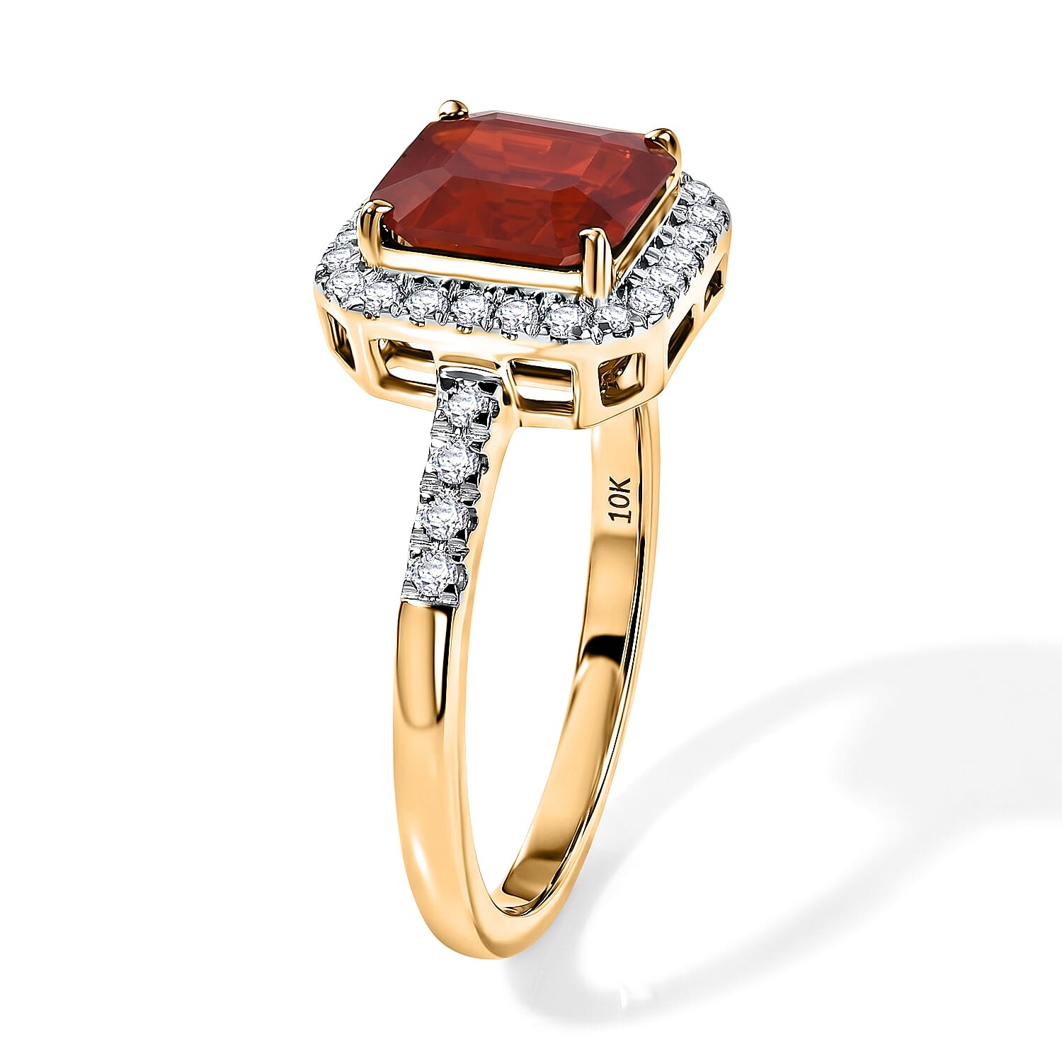 Epic Deal SGL Certified 10K Yellow Gold Asscher Cut AAA Crimson Fire Opal, Luxuriant Lab Grown Diamond (E-F, VS) (0.30 cts) Ring (Size 8.0) 1.80 ctw