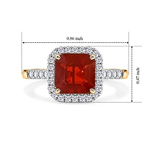 SGL Certified Asscher Cut AAA Crimson Fire Opal and Luxuriant Lab Grown Diamond E-F VS 1.80 ctw Ring in 10K Yellow Gold (Size 9.0)