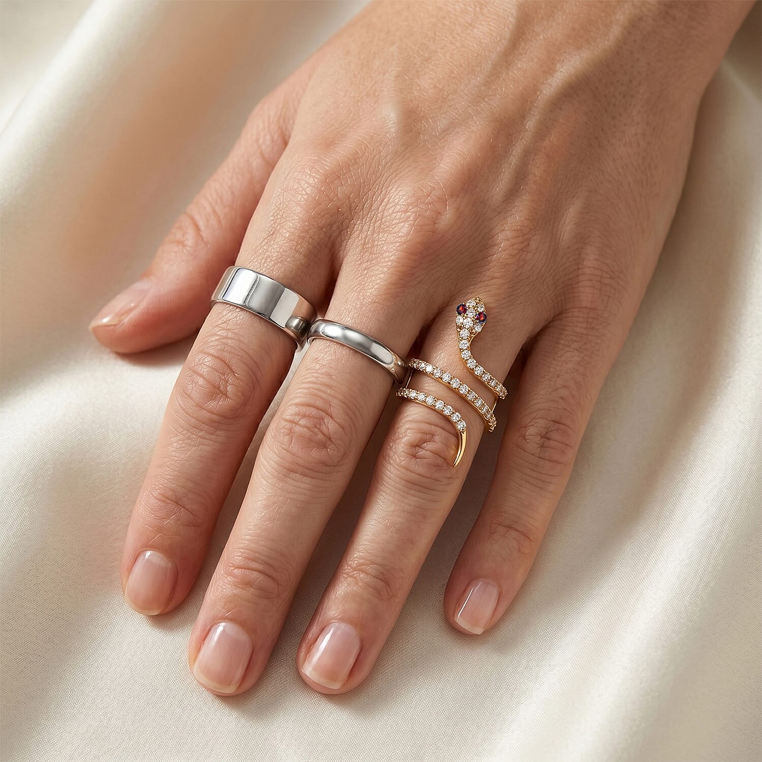 Simulated Red and White Diamond Snake Ring in 14K Yellow Gold Over Sterling Silver (Size 7.0)