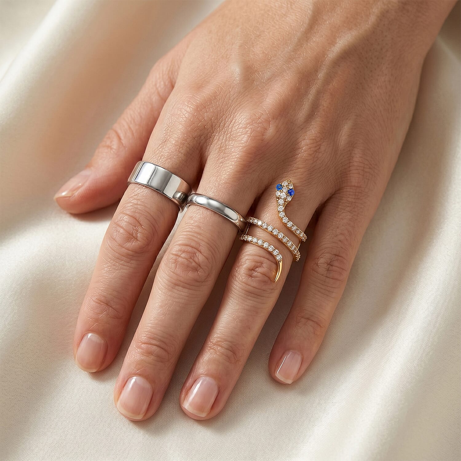 Lapis Lazuli and Simulated Diamond 2.50 ctw Snake Ring in 14K Yellow Gold Over Sterling Silver (Size 8.5)